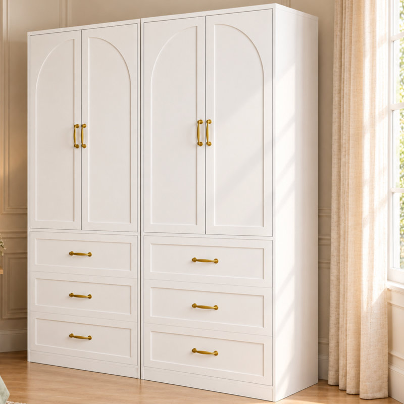 2 Piece White Wardrobe Set with 4 Doors, 6 Drawers and Gold-Tone Handles