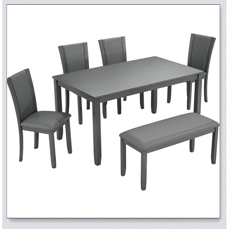 Ensemble de table de salle à manger 6 pièces avec banc et chaises, ensemble de table de salle à manger en bois pour 6 personnes, ensemble de table de salle à manger moderne pour 6 personnes, gris