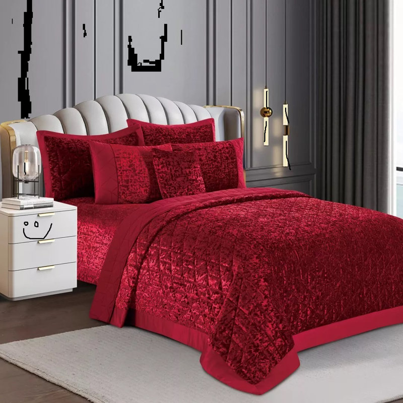 Velvet Bedspread with Pillow Shams Included, Red, Super King Bedspread+ 2 Standard Shams