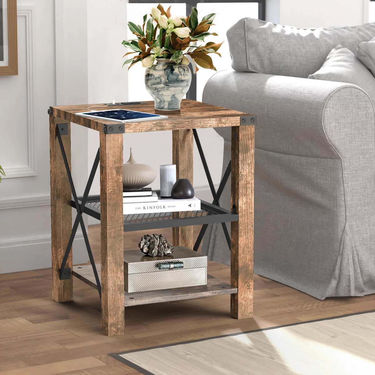 Eidelweiss Tall End Table Nightstand with 2 USB Ports, 2 Power Outlets, and 2 Storage Shelves