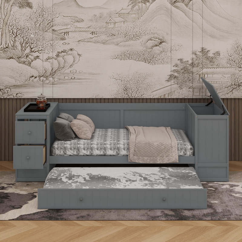 Twin Size Solid Wood Daybed With Trundle, USB Ports & Storage Arms, Gray