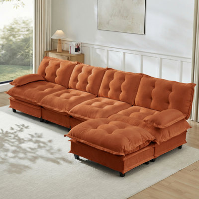 Canapé modulaire modulaire en forme de L de 138 po en forme de L avec repose-pieds 4 places, canapé en chenille profonde avec coussin en treillis confortable décoré, chambre et appartement, orange