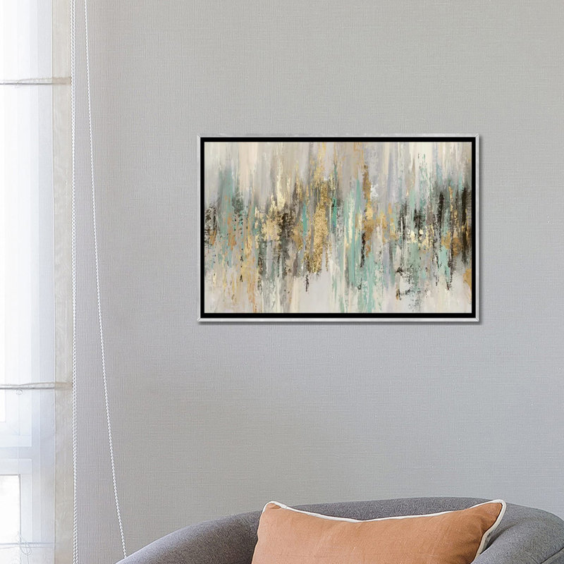 «Dripping Gold I» par Tom Reeves - reproduction imprimée, H 18 po x l 26 po, Toile avec cadre photo, Blanc