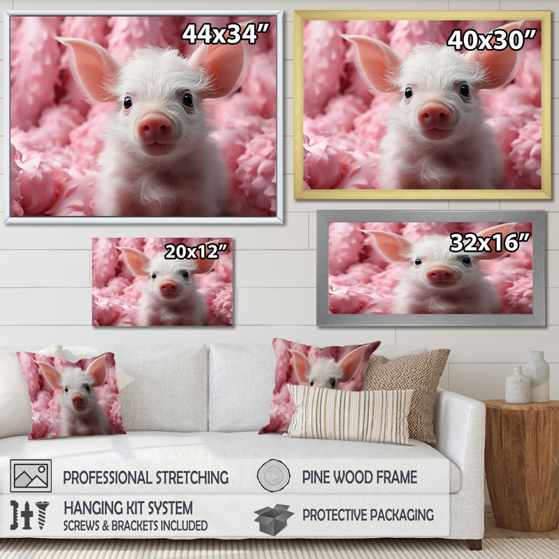 «Pink Curious Pig II», reproduction sur toile, H 30 po x l 40 po x P 1,5 po, Cadre flottant doré