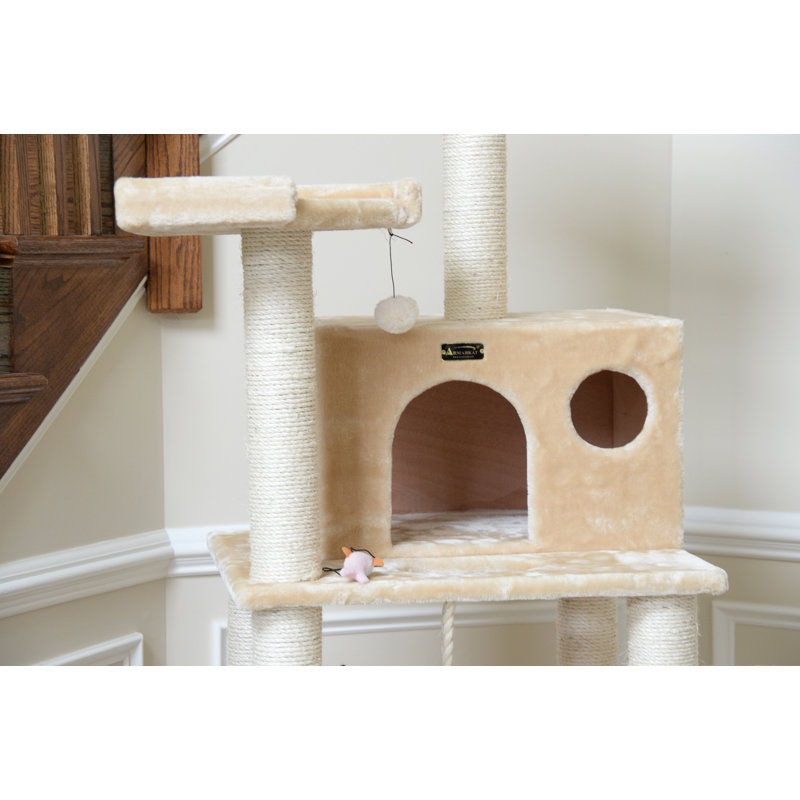 Beige Faux Fur Multi-Level Cat Tree with Sisal Posts