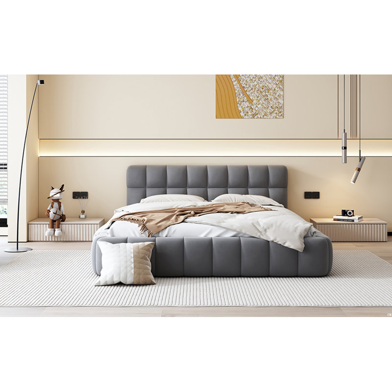 Upholstered Platform Bed with Thick Fabric, Grounded Bed with Solid Frame, Gray
