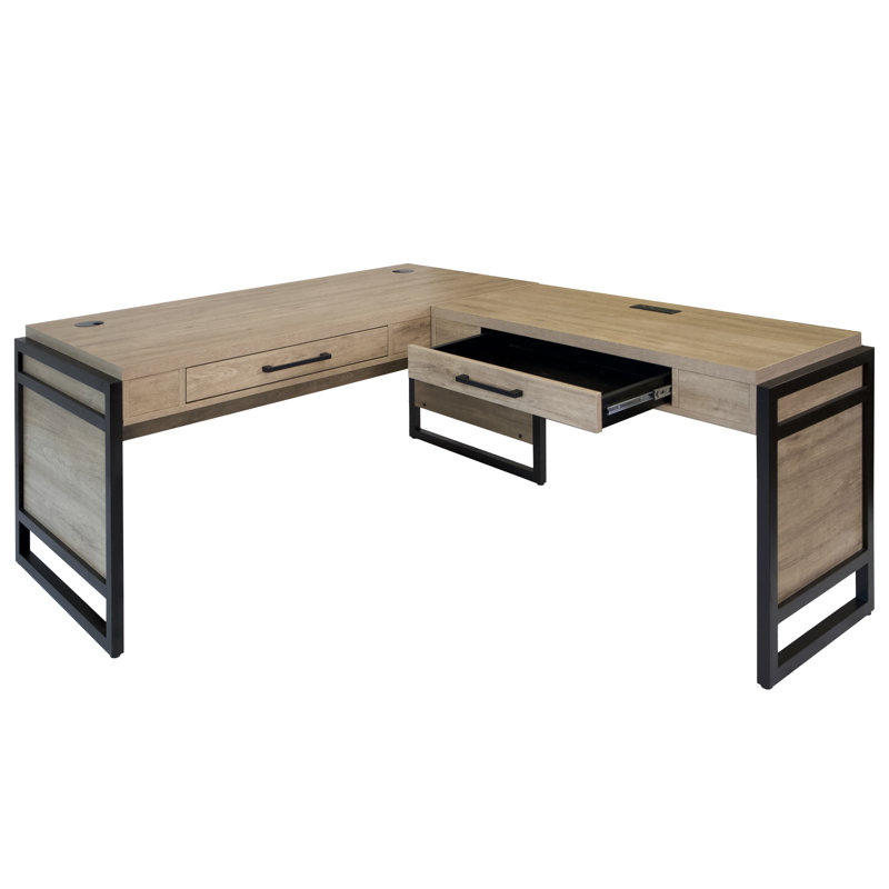 Triche L-Shaped Desk with Built-in Outlets, Light Brown/Black