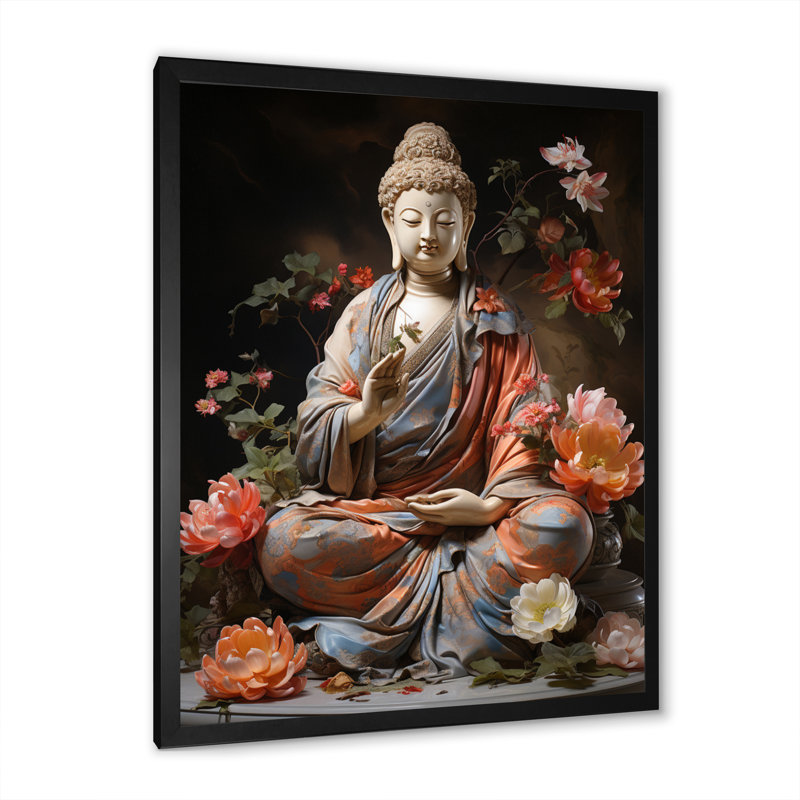 Corail gris bouddhiste Art bouddhas geste - décoration murale bouddhisme, Cadre simple noir, L 30 po x H 40 po x P 1,5 po