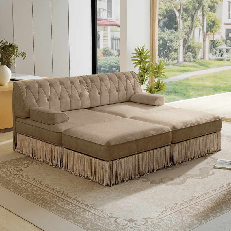 76.6 " Velvet L-Shaped Sectional with Ottoman, Coffee