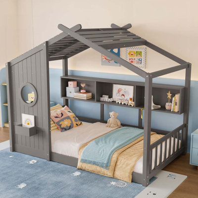 Lit simple pour enfant, lit Montessori pour enfant avec tablette de rangement, lit maisonnette avec toit, gris