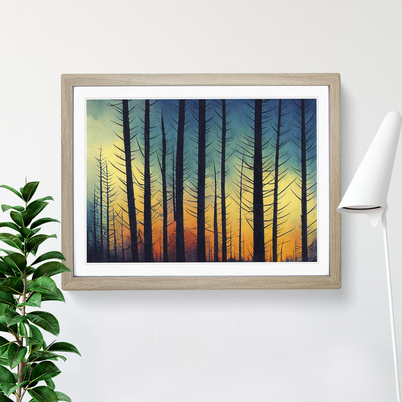 XH1022-8601X Sunrise Pine Tree Forest Vol.1 - Single Picture Frame Print, 46cm H x 64cm W, Oak