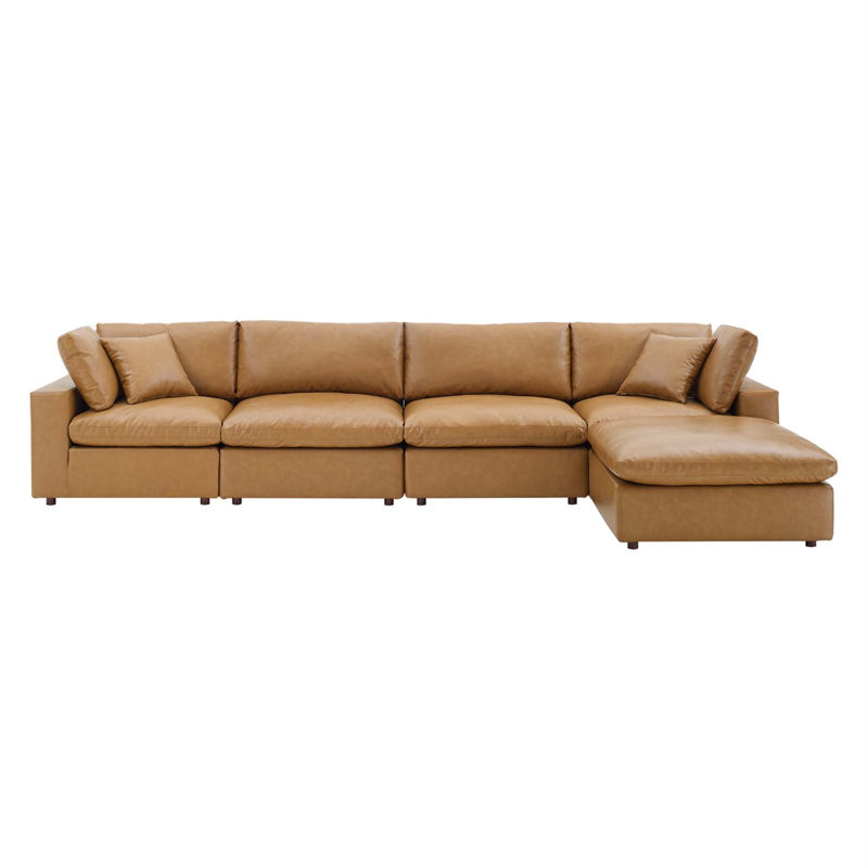Tan Faux Leather Five-Piece Sectional with Ottoman and Wood Frame
