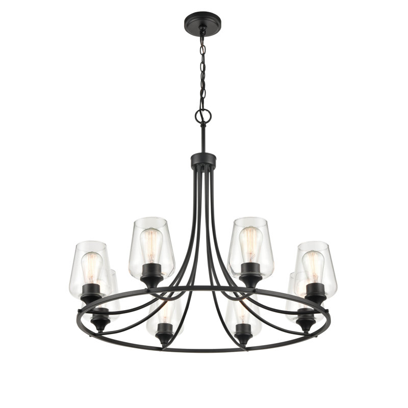 Dimmable Wagon Wheel Chandelier, Black, 8 Lights, 28" H x 32" W x 32" D