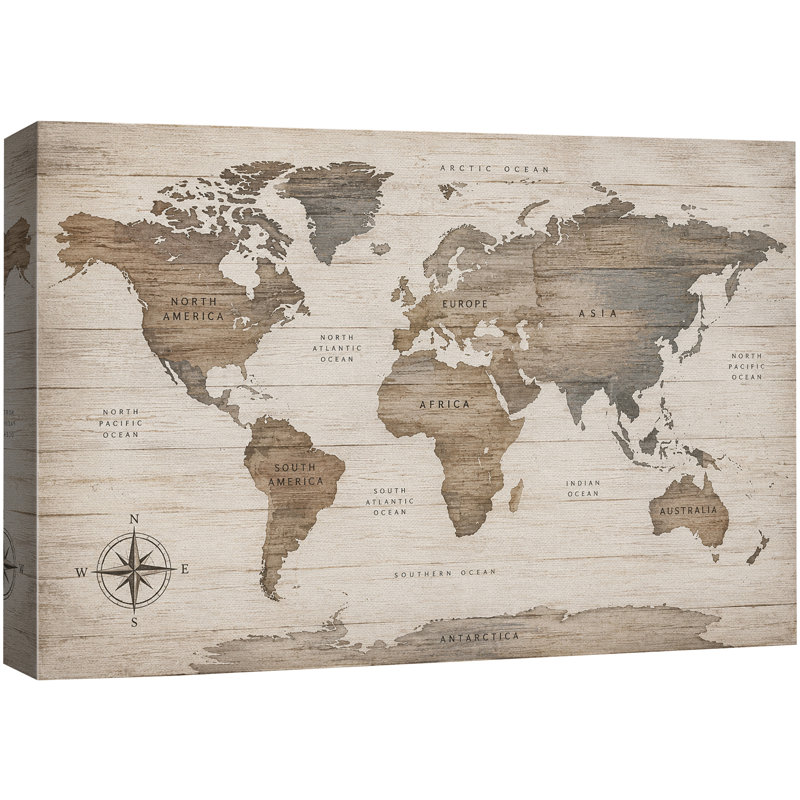 Illustration de carte du monde rustique, photos de bureau, impression sur toile encadrée, H 16 po x l 24 po x P 1,5 po
