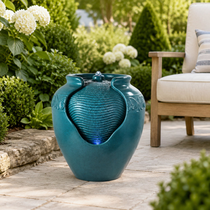 Handcrafted Outdoor Weather Resistant Urn Fountain with Lights, Turquoise