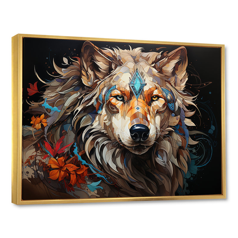 Loup natif de Lakota sur toile, H 24 po x l 32 po x P 1 po, Cadre flottant doré