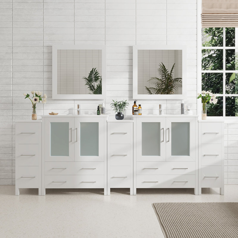  Ensemble de meuble-lavabo double 96 "avec miroir Modern, Blanc