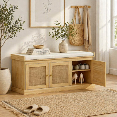 Shoe Storage Bench with Woven Rattan Doors, Shoe Bench