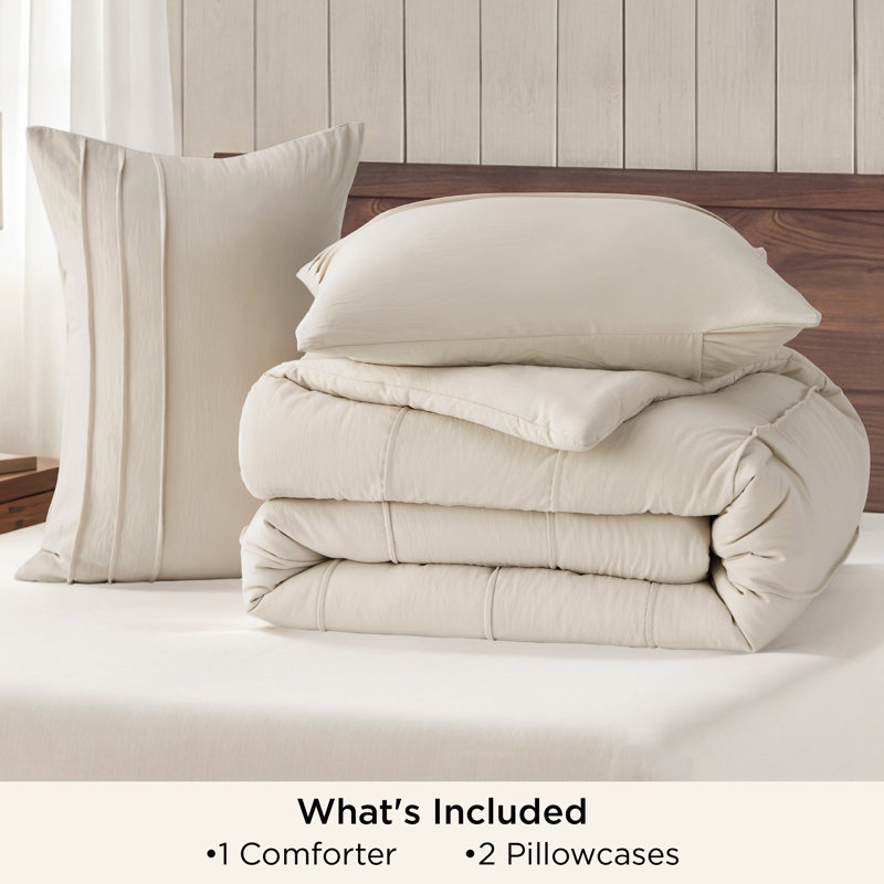 Ensemble d'édredon literie grand lit, literie prélavée douce beige, ensemble de lit plissé rayé 3 pièces pour toutes les saisons, 1 édredon et 2 taies d'oreiller
