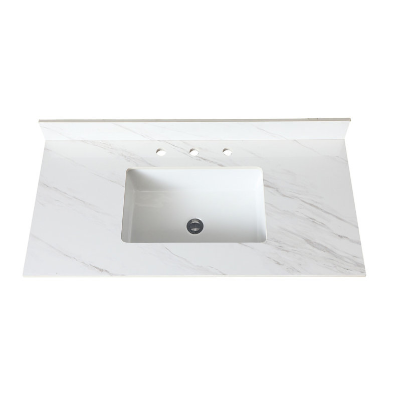 Dessus de meuble-lavabo de salle de bain 43 po - Pierre frittée blanche - Dosseret de 4 po, Trou de robinet pré-percé, Lavabo rectangulaire, Rehausse avec évier et grain fin