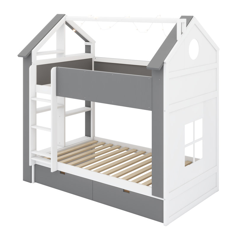 Lit de maison moderne avec tiroirs de rangement, tablettes et conception compacte, Blanc + gris