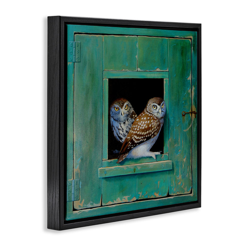 Spotted Owls Perched Ledge, Jet Black Floater Frame, 25" H x 25" W