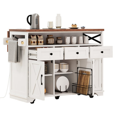 46.5'' Kitchen Island In White, With Beaded Drape Decoration, Power Outlet, 3 Drawers, Doors, Adjustable Shelves, Drop Leaf Feature White Of Beads, Charging Ports, Door Cabinets, Leaf, Internal Iron