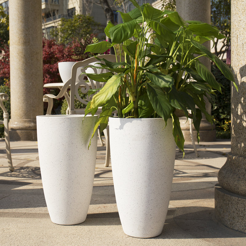 Pot à fleurs rond avec plateau Nova l 12 po, Blanc moucheté, 2, H 20 po x l 11,5 po x P 11,5 po