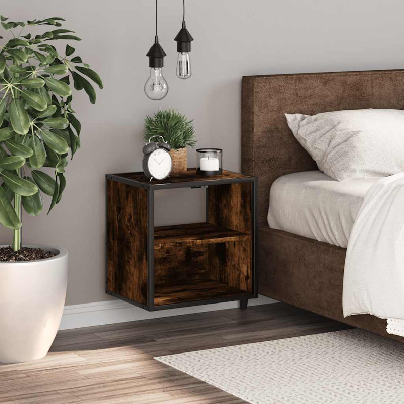 40cm W Metal Bedside Table, Brown oak, 1