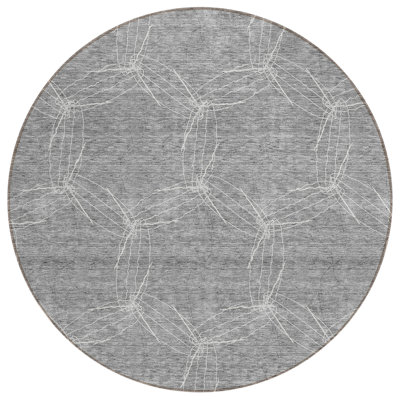 8' Gray And Ivory Round Geometric Washable Indoor Outdoor Area Rug