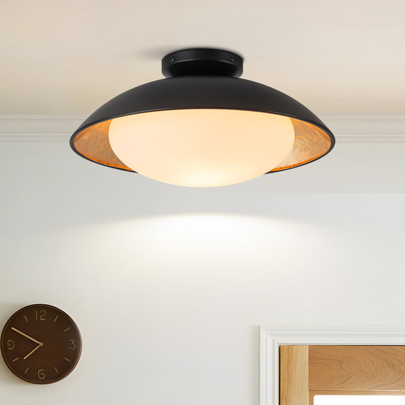 1-Light Dome Opal Glass Flush Mount Ceiling Light with Gold Foil Interior, Matte Black