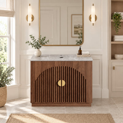 36" Mid-century Modern Bathroom Vanity with Sintered Stone Top, Fluted Cabinet Doors & Gold Handles (Sink Not Included)