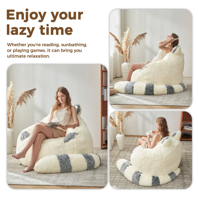 Raccoon Design Faux Rabbit Fur Bean Bag Chair with Detachable Tail Pillow, for Adults & Kids, Beige Faux Fur