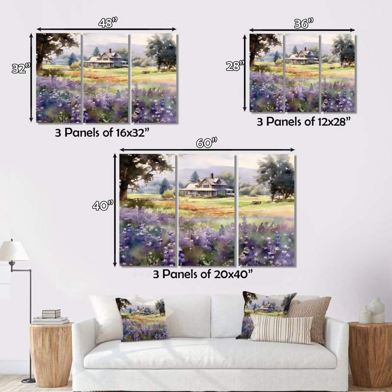 «Calming Lavender Hues IV» sur toile, reproduction de 3 pièces, H 28 po x l 36 po x P 1 po