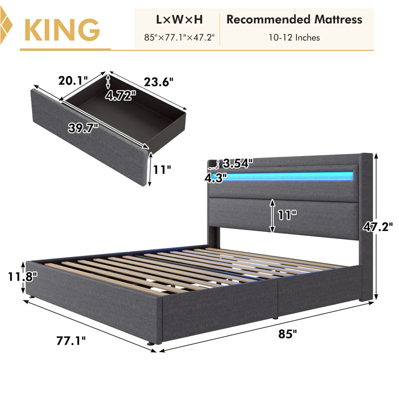 Berneil Upholstered Bed Frame with RGBW LED Lights Headboard & 4 Storage Drawers, King, Dark Gray