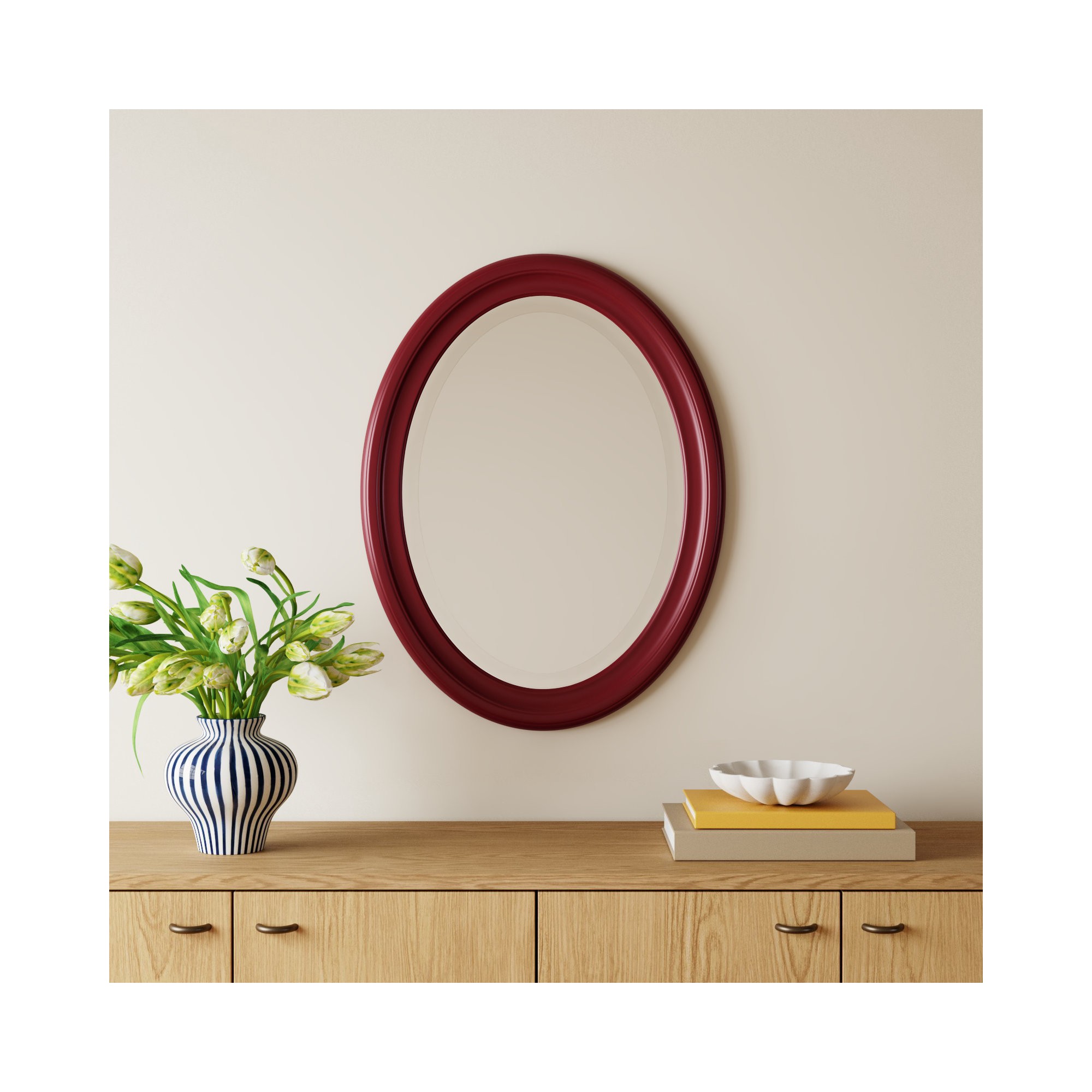 Borna Solid Wood Oval Mirror, Burgundy