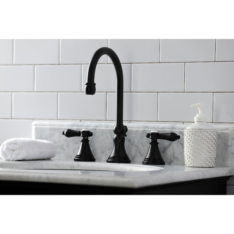 Kingston Brass Heirloom Two-Handle 3-Hole Deck Mount Widespread Bathroom Faucet with Brass Pop-Up Drain, Matte Black
