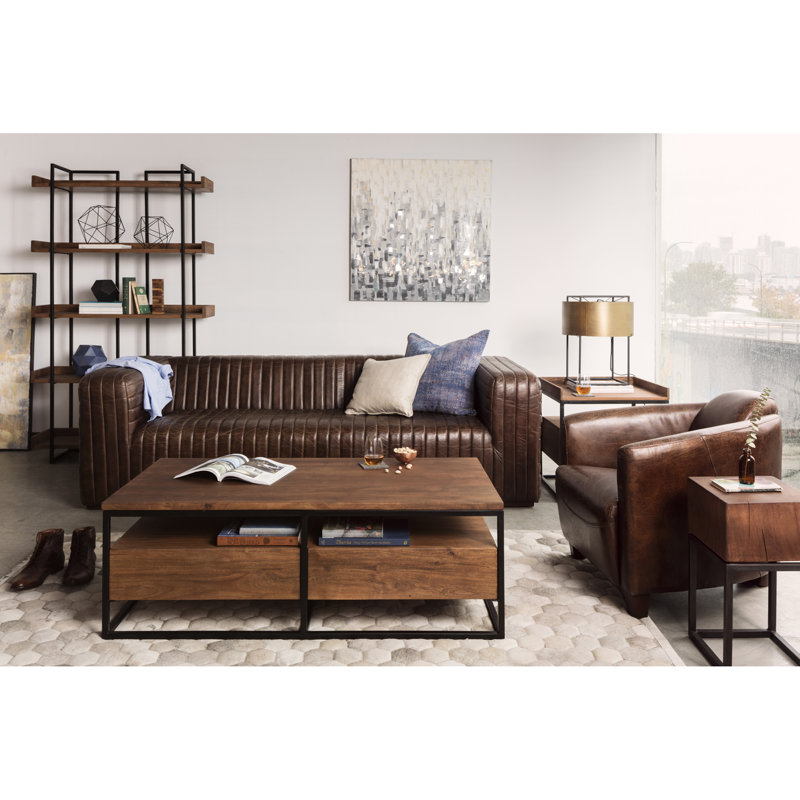 Light Brown Rectangular Solid Wood Coffee Table with Storage