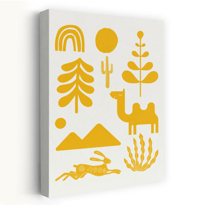 Whimsical Desert Landscape Abstract Contemporary Cactus Rabbit Forest Landscape Wall Art Print by Little Dean - Wrapped Canvas Print