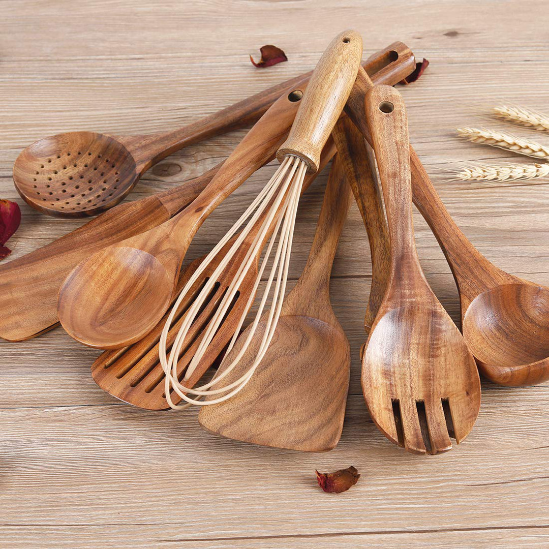 Hölzerne Küchenutensilien zum Kochen, Holzutensilien Natürliche Teakholzlöffel zum Kochen, Küchenutensilien Set mit Halt...