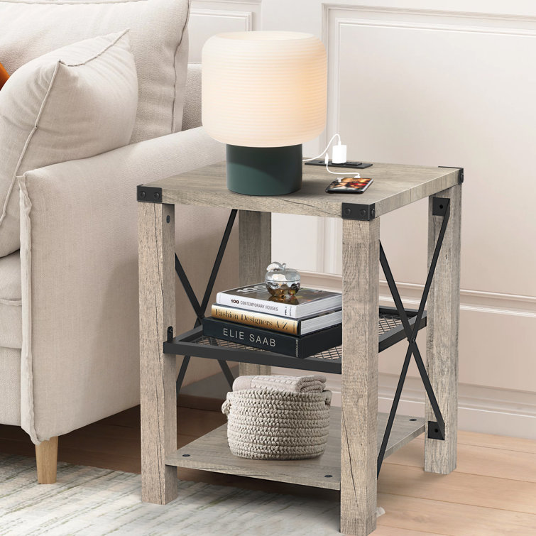 Eidelweiss Tall End Table Nightstand with 2 USB Ports, 2 Power Outlets, and 2 Storage Shelves