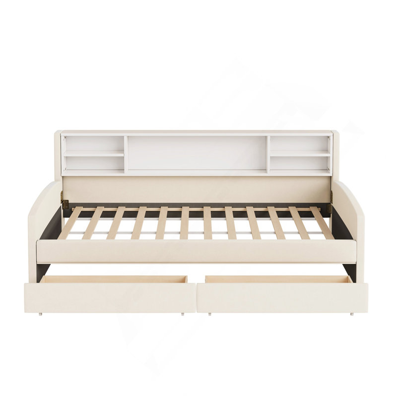 Lit plateforme simple tapissier avec rangement et tiroirs, beige