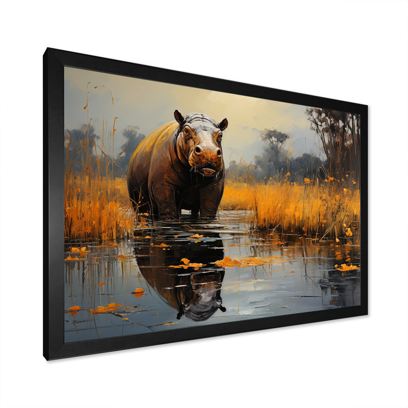 Hippopotame, roi de la savane 4 - art mural hippopotame, H 24 po x l 32 po x P 1 po, Cadre d'angle fermé noir
