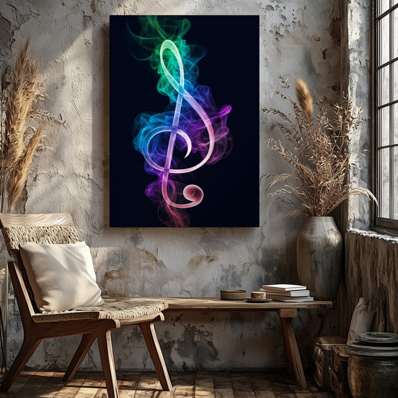 Reproduction d'art sur toile, symbole abstrait d'une clé de sol vibrante reproduite artistiquement avec de la fumée tourbillonnante dans une toile