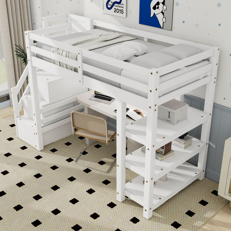 Lit mezzanine avec tablettes, escalier de rangement, garde-robe et lumière DEL, Simple