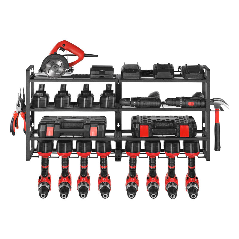 Support mural robuste pour outils électriques 4 couches avec 8 supports de perceuse et support à piles, étagère de rangement pour établi