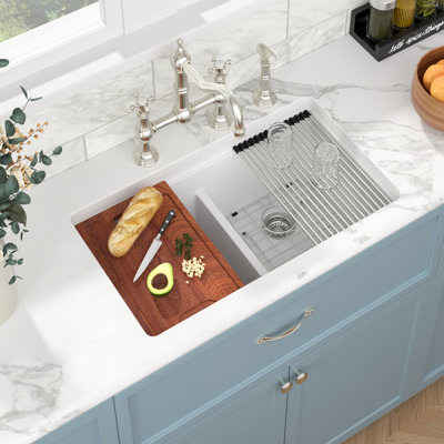 Quartz 33" L x 19" W 50/50 Double Bowl Grantie Composite Undermount Kitchen Sink Workstation Sink with Accessories