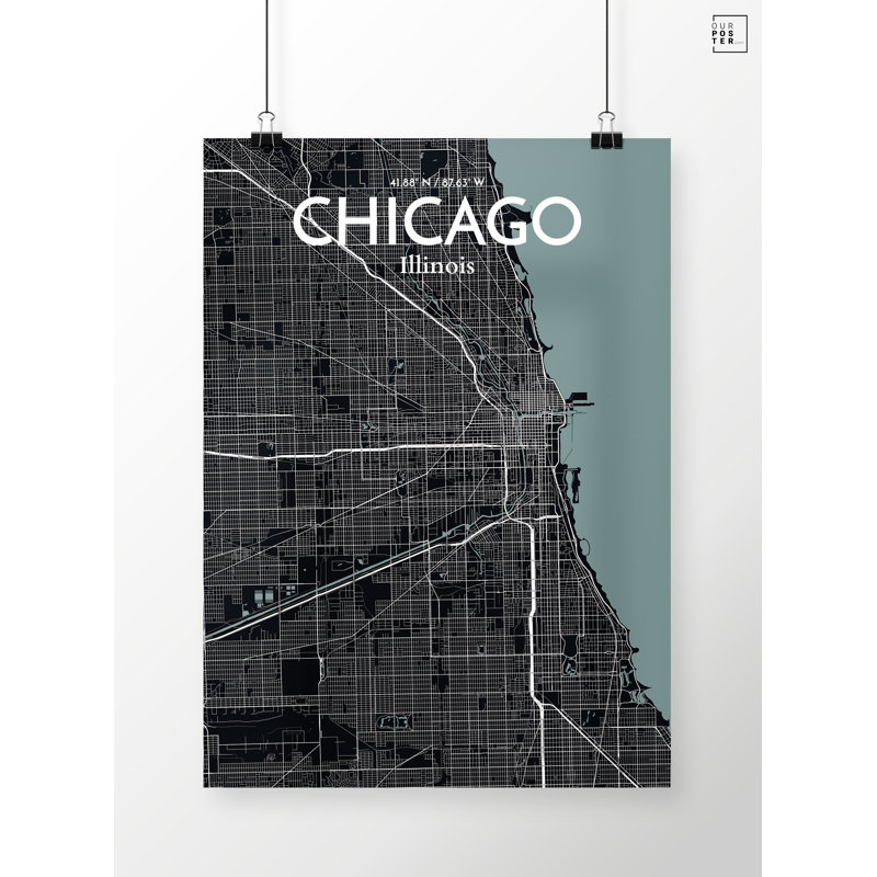 « chicago city map », reproduction d’impression sur affiche en minuit, H 24 po x l 18 po