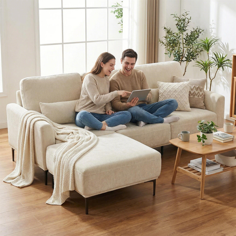 Harshith 96" W L Shape -Upholstered Modular Sofa With Ottoman, Beige Chenille, 33.4" H x 96" W x 70" D