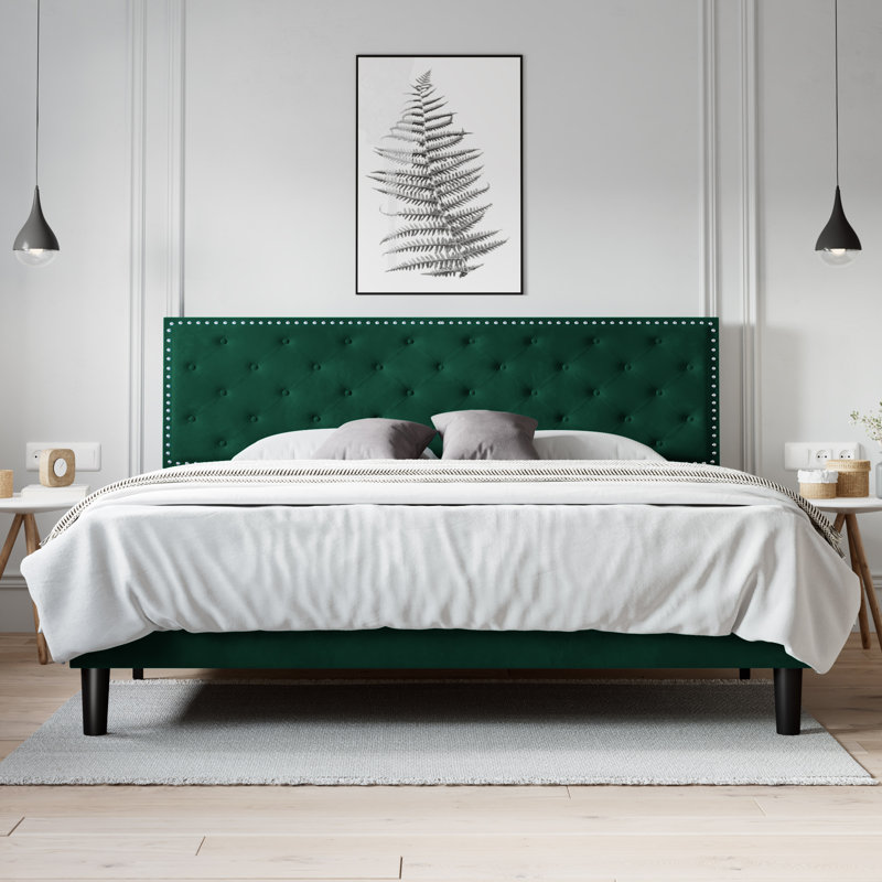 Basnett Upholstered Platform Bed, Green, Queen
